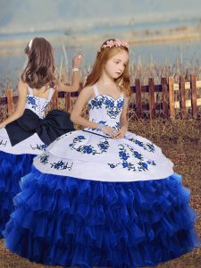 Simple Royal Blue Ball Gowns Organza Straps Long Sleeves Embroidery and Ruffled Layers Floor Length Lace Up Little Girls