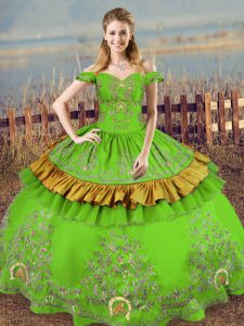 Green Satin Lace Up Quinceanera Dresses Sleeveless Floor Length Embroidery
