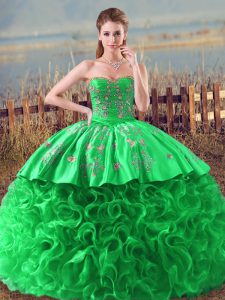 Fancy Green Ball Gowns Sweetheart Sleeveless Fabric With Rolling Flowers Lace Up Embroidery and Ruffles Quinceanera Dres
