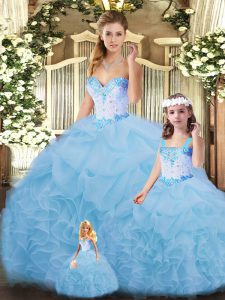 Artistic Beading and Ruffles 15 Quinceanera Dress Blue Lace Up Sleeveless Floor Length