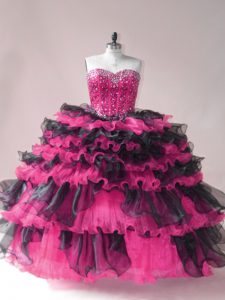 Customized Sleeveless Beading and Ruffled Layers Lace Up Quinceanera Gowns with Pink And Black