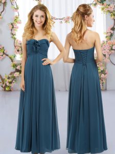 Traditional Floor Length Empire Sleeveless Navy Blue Bridesmaid Dress Lace Up