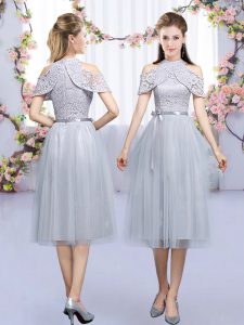 Grey Zipper Bridesmaid Dress Lace and Belt Sleeveless Tea Length