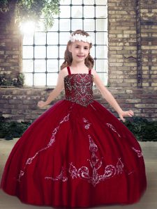 Trendy Floor Length Wine Red Little Girls Pageant Dress Wholesale Tulle Sleeveless Beading
