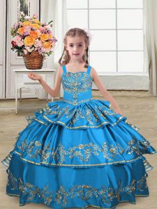 Blue Straps Neckline Embroidery and Ruffled Layers Winning Pageant Gowns Sleeveless Lace Up