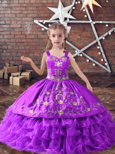 Lavender Lace Up Pageant Dresses Embroidery and Ruffled Layers Sleeveless Floor Length