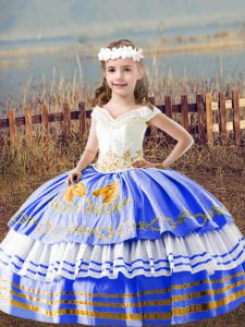 Custom Made Floor Length Blue Custom Made Pageant Dress Satin Sleeveless Embroidery