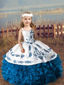 Blue Ball Gowns Embroidery and Ruffles Pageant Gowns For Girls Lace Up Organza Sleeveless Floor Length