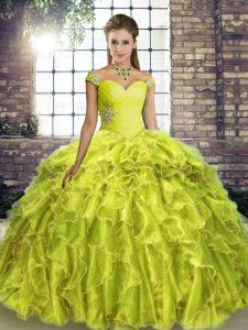 Sexy Ball Gowns Sleeveless Yellow Green Sweet 16 Dresses Brush Train Lace Up