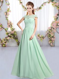 Amazing Apple Green Chiffon Clasp Handle Dama Dress Cap Sleeves Floor Length Lace