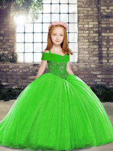 Green Ball Gowns Straps Sleeveless Tulle Brush Train Lace Up Beading Pageant Gowns For Girls
