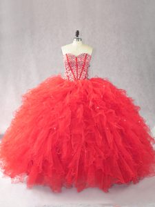 Red Tulle Lace Up Sweet 16 Dresses Sleeveless Floor Length Beading and Ruffles