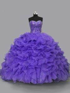 Fitting Purple Sweet 16 Quinceanera Dress Sweet 16 and Quinceanera with Beading and Ruffles Sweetheart Sleeveless Lace U