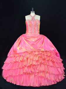High Class Rose Pink Ball Gowns Halter Top Sleeveless Organza Floor Length Lace Up Beading and Ruffled Layers Ball Gown 