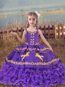 Most Popular Lavender Lace Up Straps Beading and Embroidery and Ruffled Layers Girls Pageant Dresses Organza Sleeveless