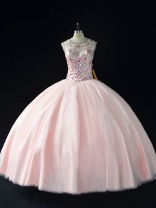 Luxury Scoop Sleeveless Tulle Quinceanera Gowns Beading Lace Up