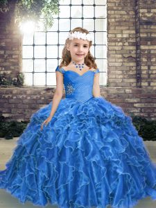 High Quality Blue Organza Lace Up Straps Sleeveless Floor Length Pageant Gowns For Girls Beading and Ruffles