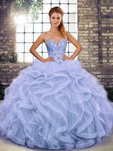 Graceful Floor Length Lace Up 15th Birthday Dress Lavender for Military Ball and Sweet 16 and Quinceanera with Beading a