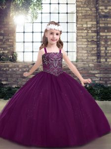 Beading Little Girls Pageant Gowns Eggplant Purple Lace Up Sleeveless Floor Length