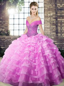 High Class Brush Train Ball Gowns Quinceanera Dress Lilac Off The Shoulder Organza Sleeveless Lace Up
