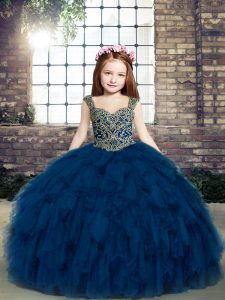 Navy Blue Straps Lace Up Beading and Ruffles Child Pageant Dress Sleeveless