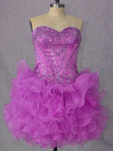 Best Selling Sleeveless Mini Length Beading and Ruffles Lace Up Dress for Prom with Lilac