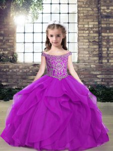 Beauteous Purple Off The Shoulder Neckline Beading and Ruffles Little Girl Pageant Gowns Sleeveless Lace Up