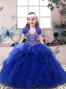 Sleeveless Floor Length Beading and Ruffles Lace Up Little Girls Pageant Gowns with Royal Blue