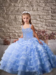 Blue Straps Neckline Beading and Ruffled Layers High School Pageant Dress Sleeveless Lace Up