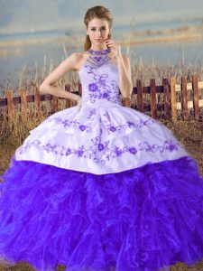 Romantic Blue Ball Gowns Embroidery and Ruffles Quince Ball Gowns Lace Up Organza Sleeveless