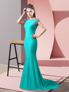 Super Turquoise Backless High-neck Beading Dress for Prom Elastic Woven Satin Short Sleeves Brush Train