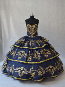 Navy Blue Ball Gowns Embroidery and Ruffled Layers Quince Ball Gowns Lace Up Organza Sleeveless Floor Length