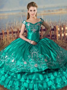 Off The Shoulder Sleeveless 15th Birthday Dress Floor Length Embroidery and Ruffled Layers Turquoise Satin