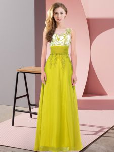 Extravagant Olive Green Backless Wedding Guest Dresses Appliques Sleeveless Floor Length