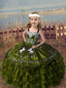 High End Olive Green Sleeveless Embroidery and Ruffled Layers Floor Length Winning Pageant Gowns