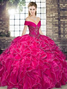 Fashion Hot Pink Ball Gowns Beading and Ruffles Sweet 16 Dresses Lace Up Organza Sleeveless Floor Length