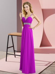 Floor Length Purple Prom Dresses Chiffon Sleeveless Beading