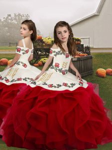 Attractive Floor Length Lace Up Pageant Gowns For Girls Red for Party and Wedding Party with Embroidery and Ruffles