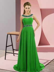 Green Empire Scoop Sleeveless Chiffon Brush Train Zipper Beading Dress for Prom