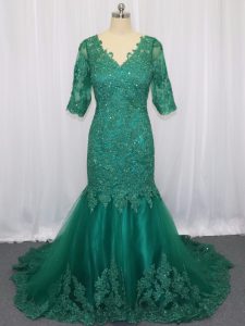 Half Sleeves Lace and Appliques Lace Up Prom Dresses with Green Brush Train