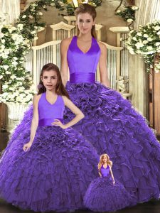 Purple Ball Gowns Tulle Halter Top Sleeveless Ruffles Floor Length Lace Up Sweet 16 Quinceanera Dress