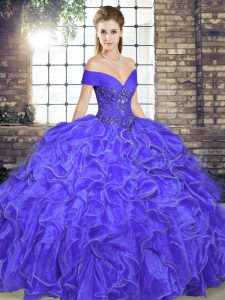 Stylish Lavender Off The Shoulder Lace Up Beading and Ruffles Quinceanera Dress Sleeveless