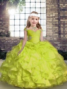 Yellow Green Lace Up Spaghetti Straps Beading and Ruffles and Ruching Pageant Dress for Teens Organza Sleeveless