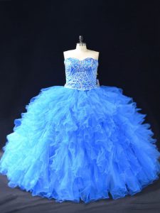 Captivating Blue Organza Lace Up Sweet 16 Dresses Sleeveless Floor Length Beading and Ruffles