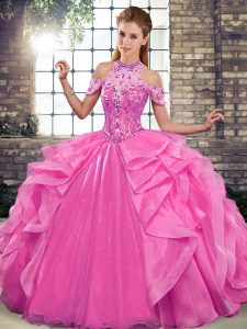 Romantic Rose Pink Lace Up Halter Top Beading and Ruffles Vestidos de Quinceanera Organza Sleeveless