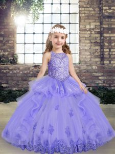 Hot Sale Floor Length Lace Up Child Pageant Dress Lavender for Party and Wedding Party with Beading and Appliques