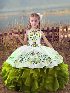 Fashion Organza Scoop Sleeveless Lace Up Embroidery and Ruffles Child Pageant Dress in Olive Green