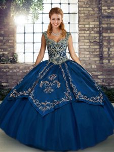 Pretty Straps Sleeveless Quinceanera Gowns Floor Length Beading and Embroidery Blue Tulle