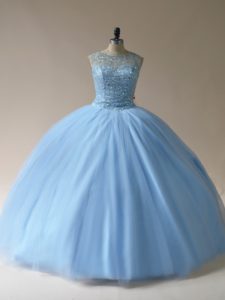 Simple Sleeveless Floor Length Beading Lace Up Ball Gown Prom Dress with Light Blue