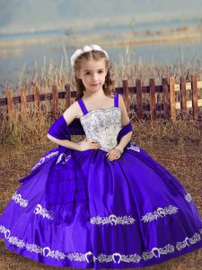Purple Lace Up Straps Beading and Embroidery Little Girl Pageant Dress Satin Sleeveless